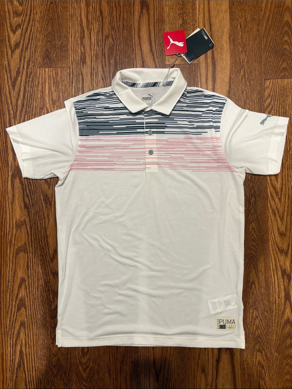Puma White Polo with Navy and Pink Horizontal Stripe Yoke